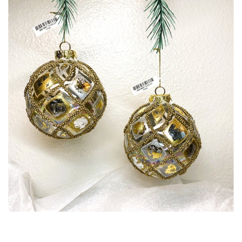 Christmas Ornaments Glass with Gold and Silver Beads Set of 2 - NWT